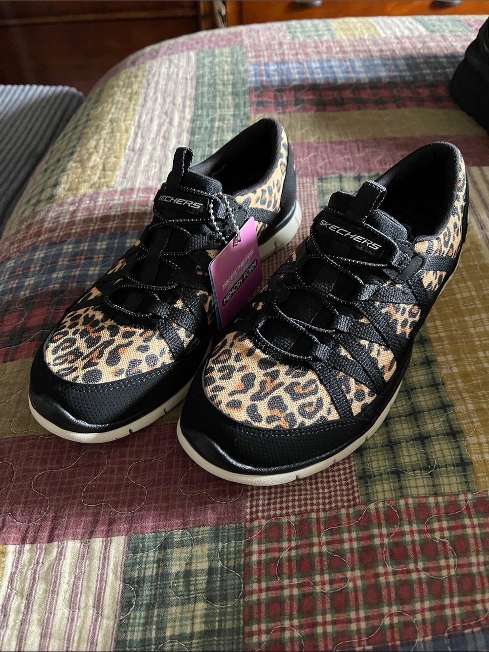 Skechers Women’s Leopard Print Slip-On Sneakers - Black/Tan/Cream